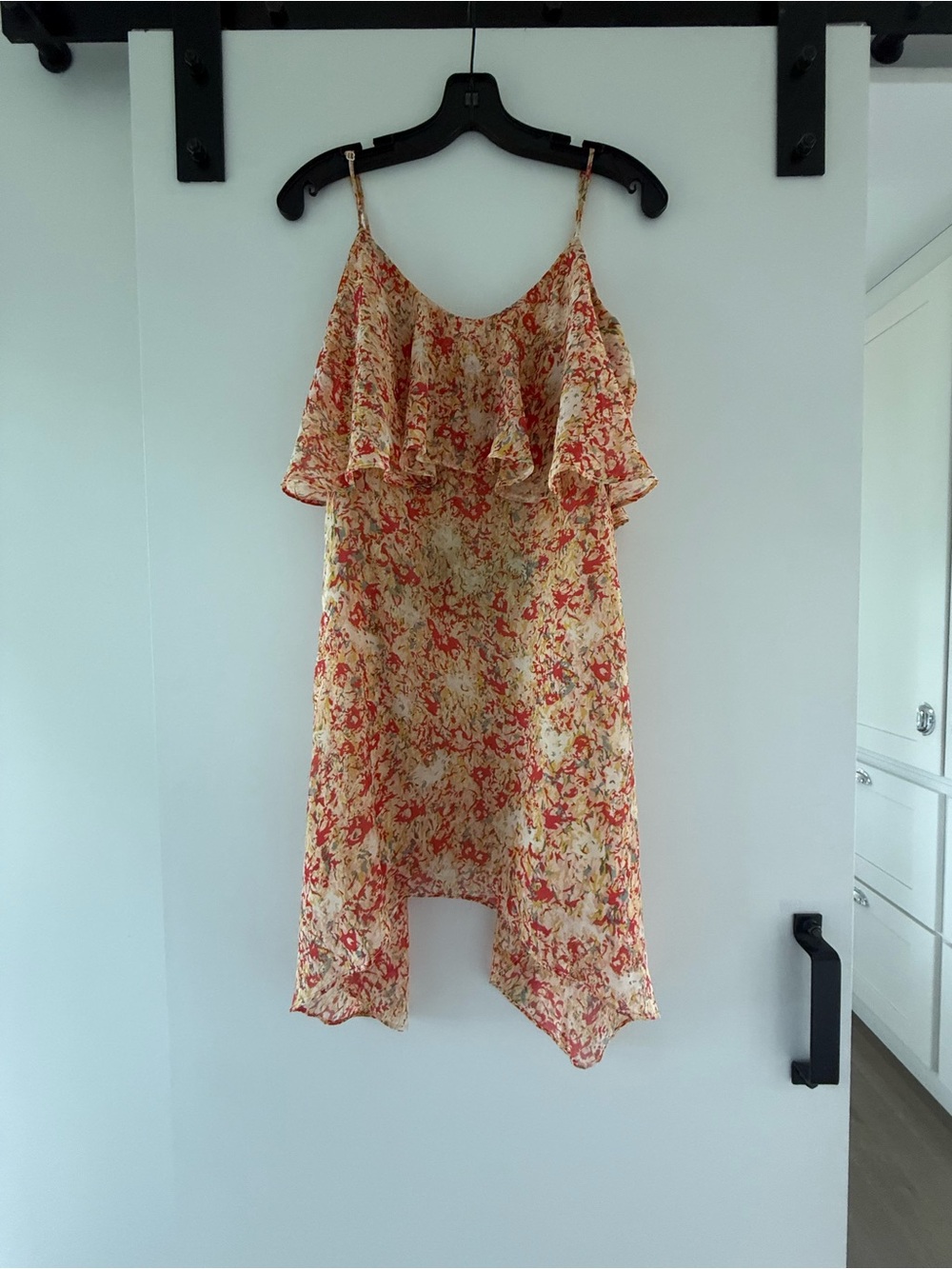 BCBGeneration Coral and Cream Floral Asymmetrical Ruffle Dress